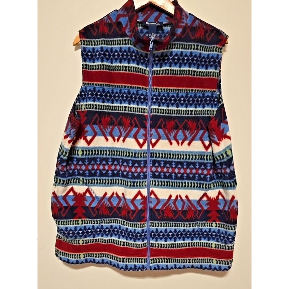 Denim & Co Women's ZIPPERED VEST Top 1X Gorgeous Blue RED Aztec